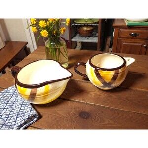 Vintage Vernonware Organdie Gravy Boat & Pitcher Set Yellow Plaid Gingham MCM